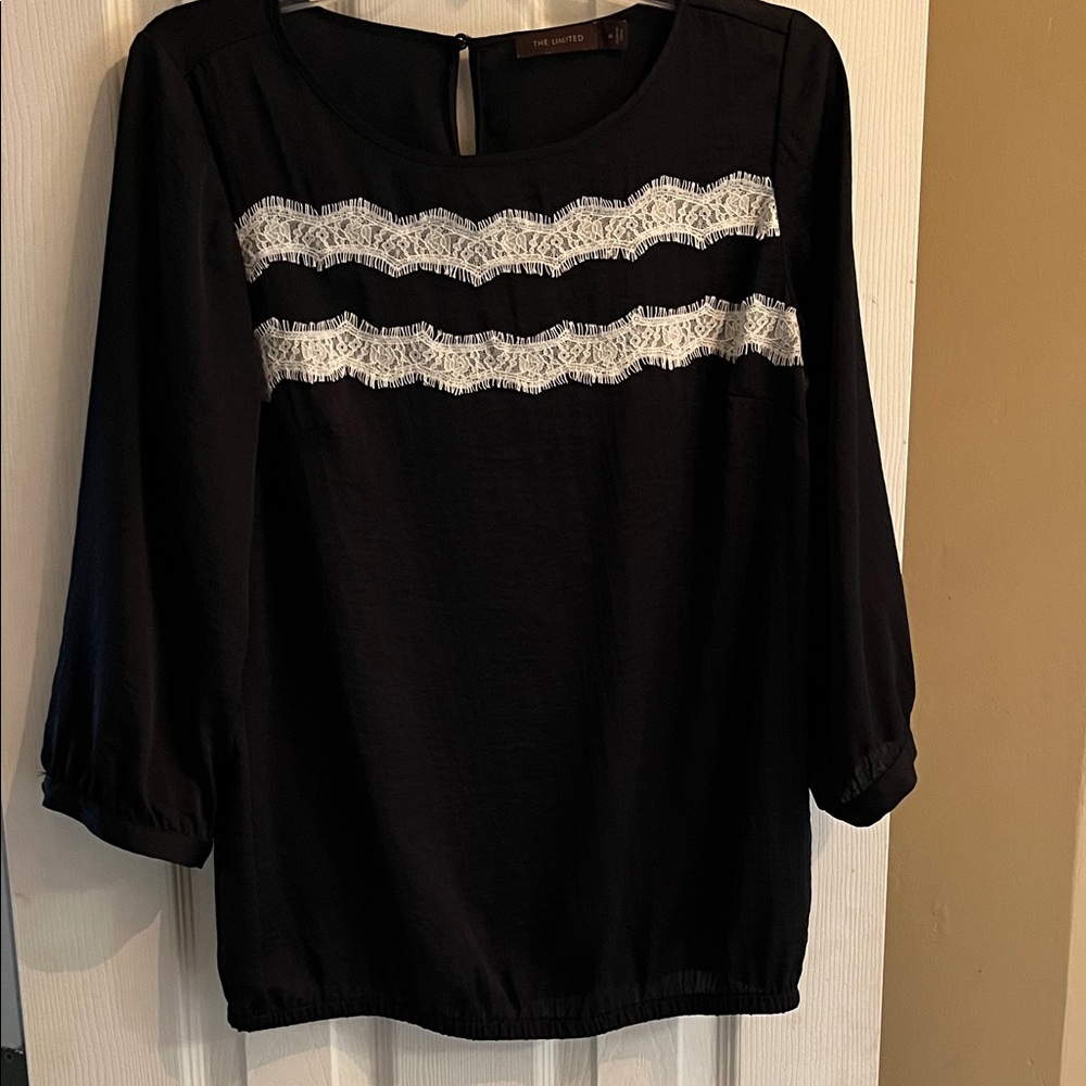 The Limited Black Blouse with White Lace Stripes